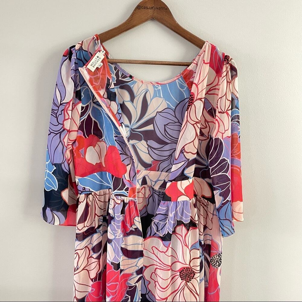 Molly Bracken | Bright and Splashy Maxi Dress 70s Retro Sheer Slip Floral Medium - Picture 5 of 7